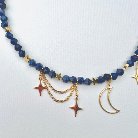 Starry Night natural gemstone lapis lazuli moonstone beads statement necklace - Picture 9 of 10